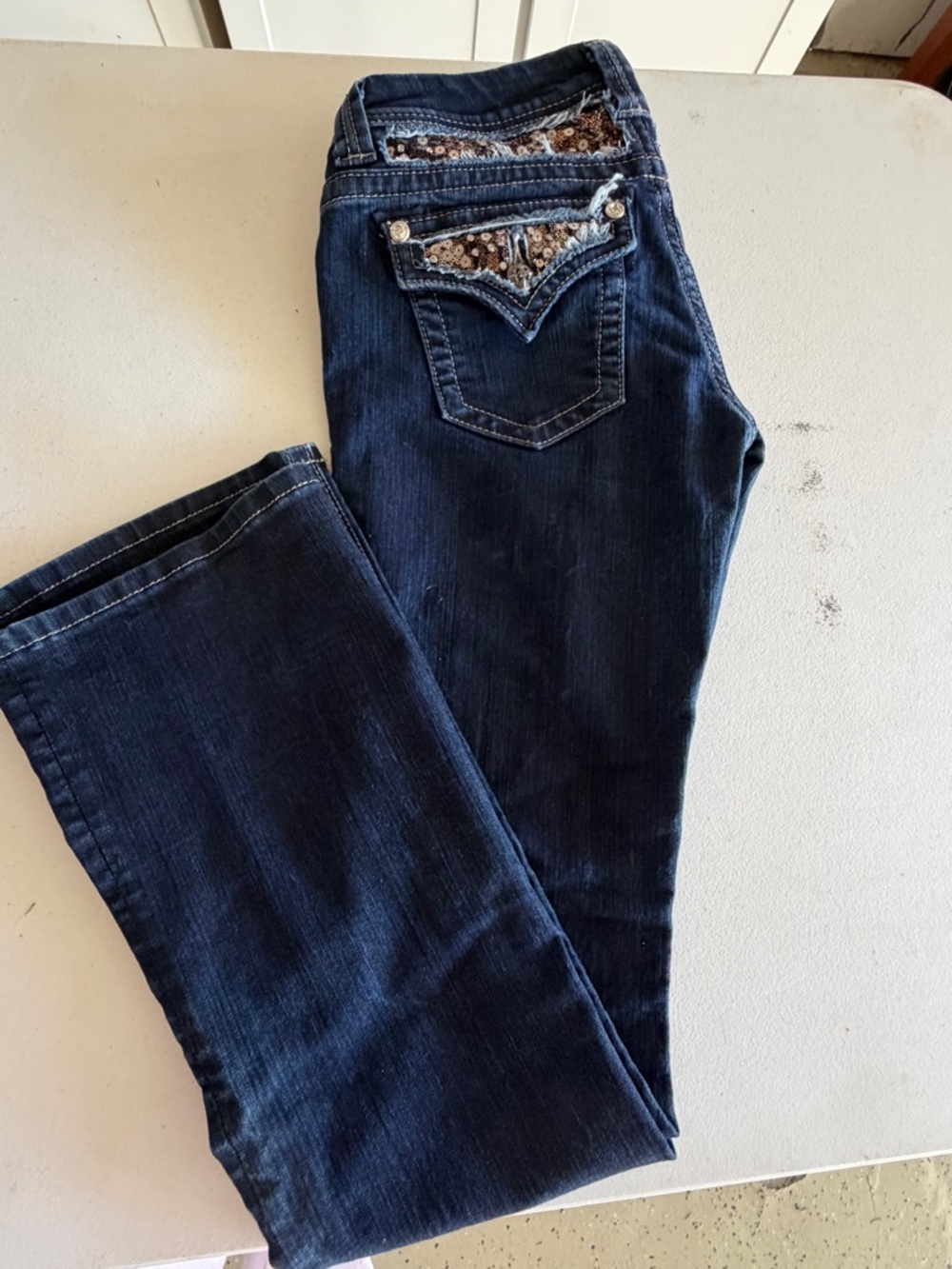Miss Me Dark Blue Boot Cut Jeans with Sequin-Embellished Pockets size 27
